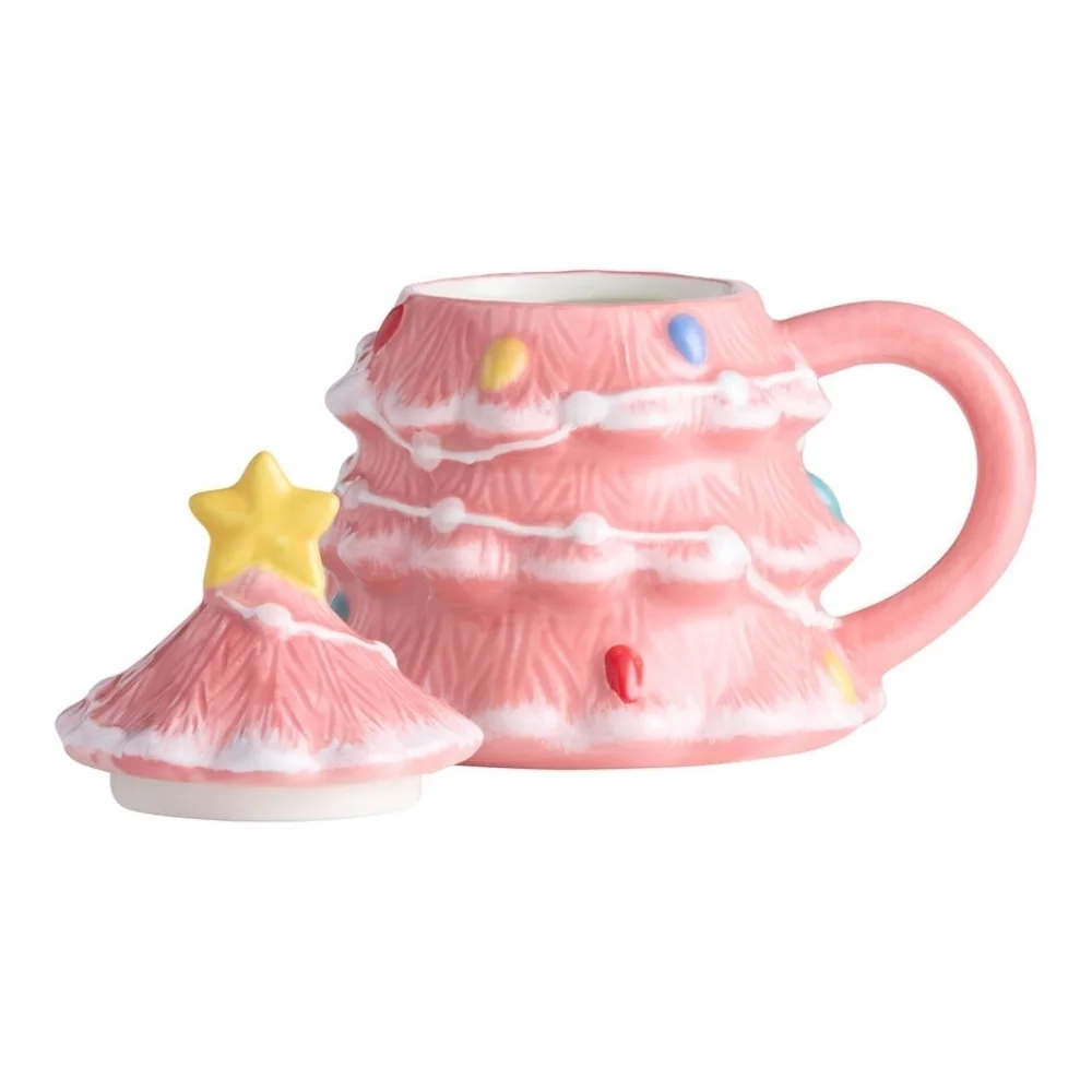 World Market Pink Christmas Tree Lidded Hand Painted Figural Ceramic Mug, NWT